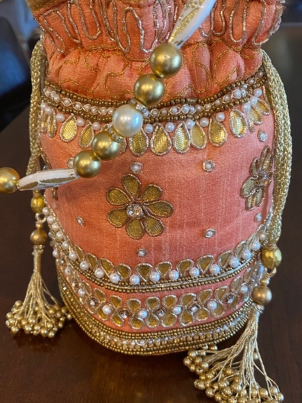 Peach hand embroidered Drawstring Clutch Bag